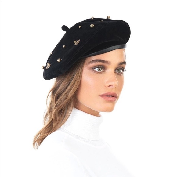 Eric Javits-Cotton Velvet Beret with Brass charms - Picture 3 of 4